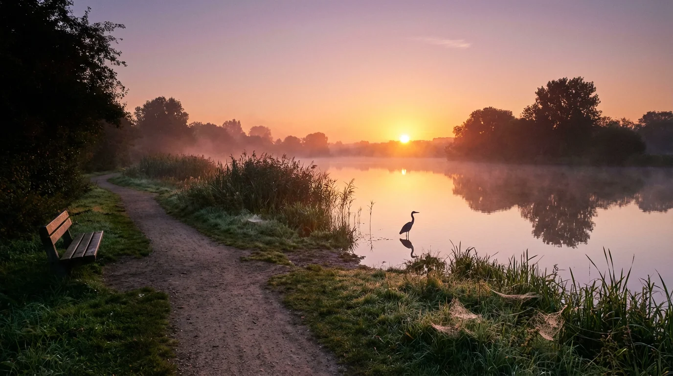 Sunrise over a calm lakeside path inviting a quiet walk.
