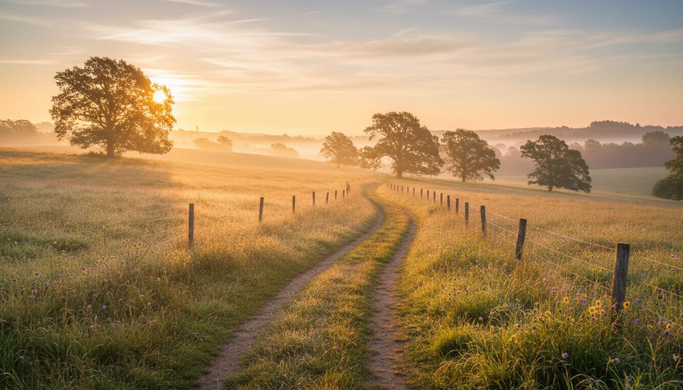 A sunrise brightens a quiet path through a meadow, suggesting fresh direction.