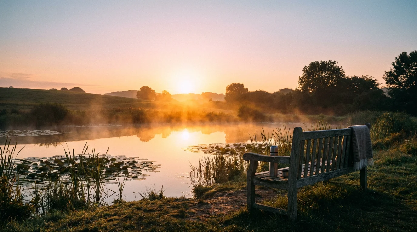 A peaceful sunrise over a still pond with a simple wooden bench.