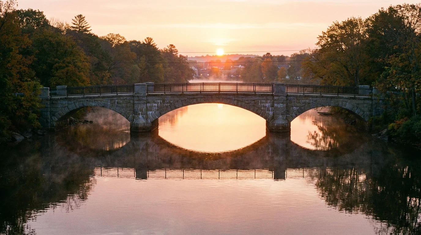 Sunrise over a calm river with a sturdy bridge symbolizing steady hope.