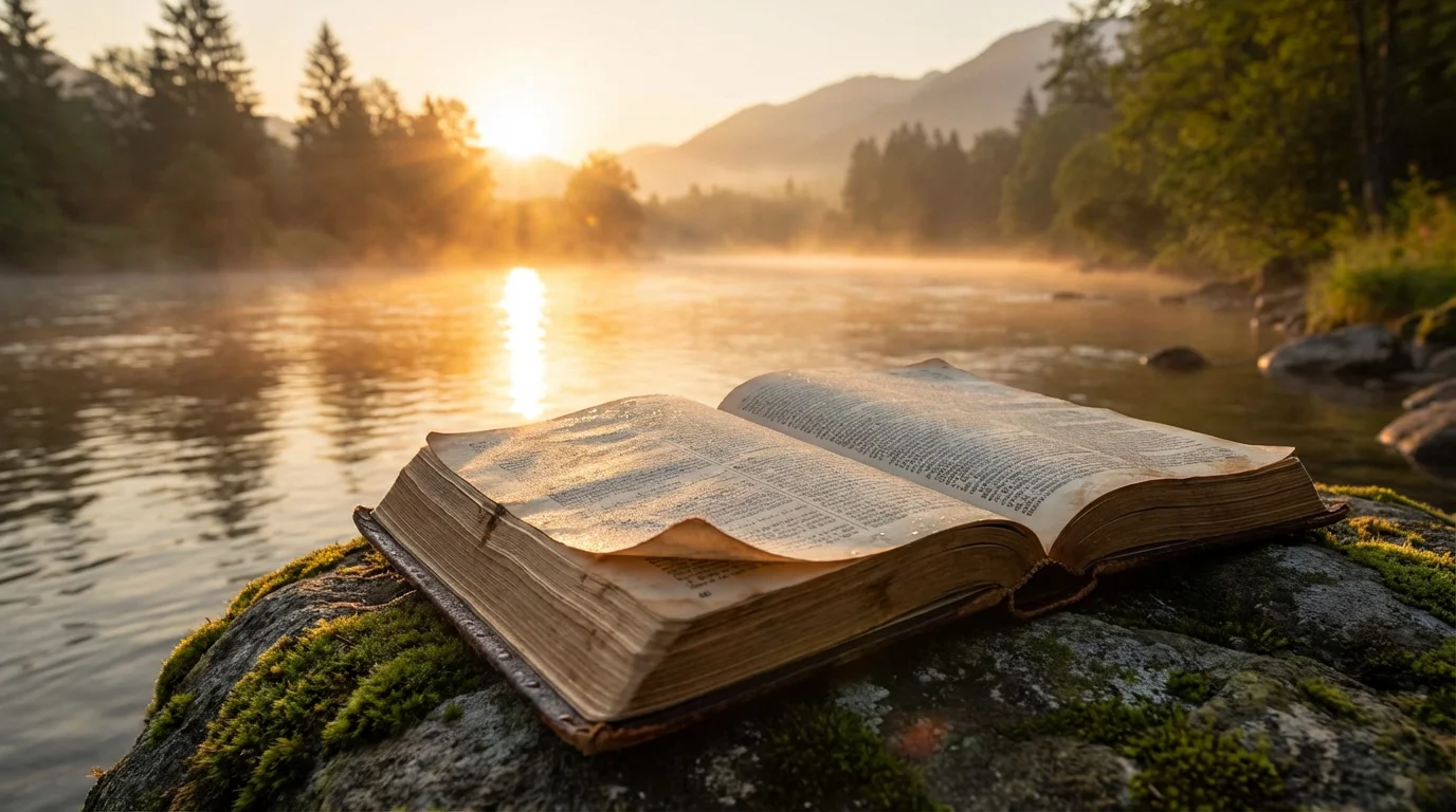 An open Bible by a quiet riverside at sunrise, inviting reflection.