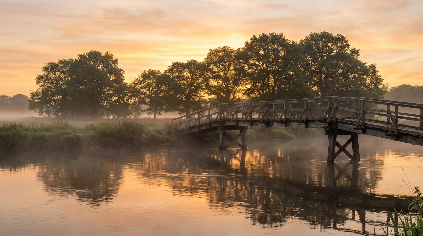 Sunrise over a calm river with a wooden footbridge leading into the trees.