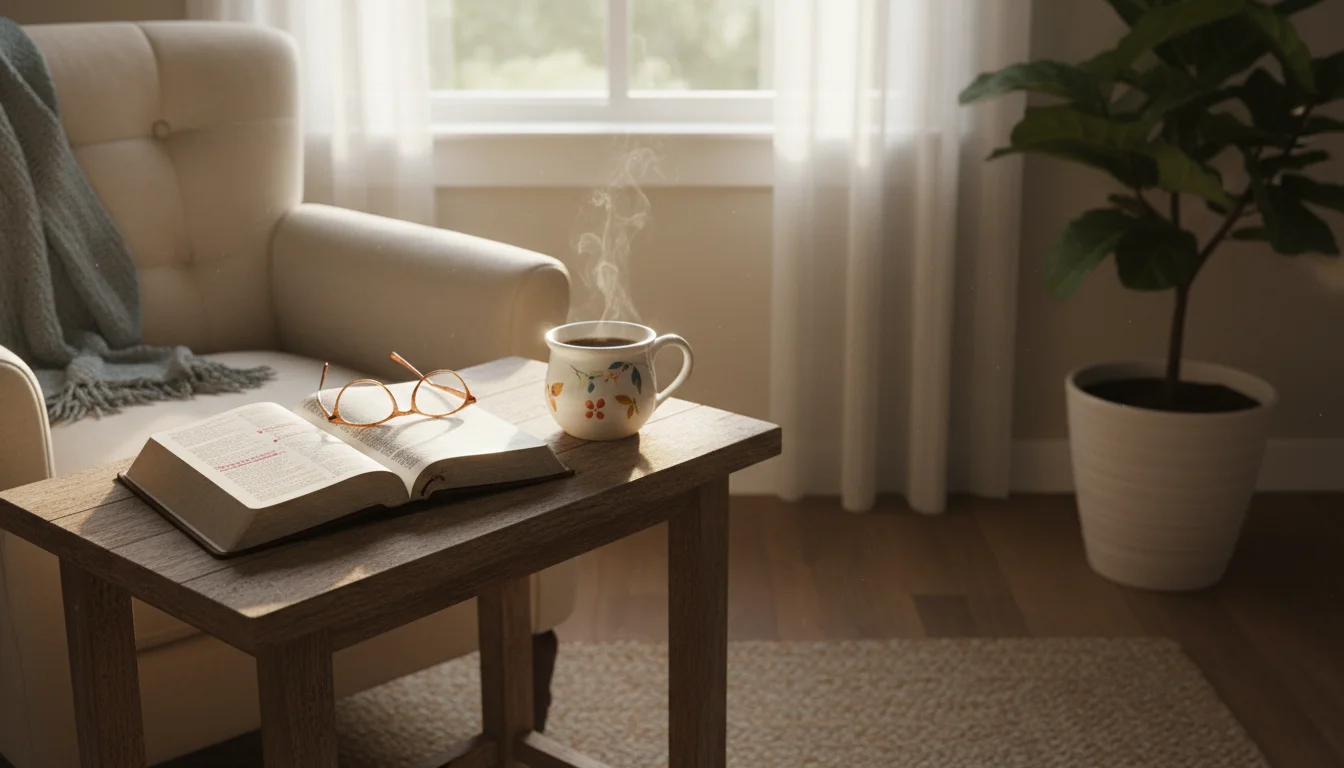 A sunlit corner with an open Bible and warm mug invites quiet prayer.