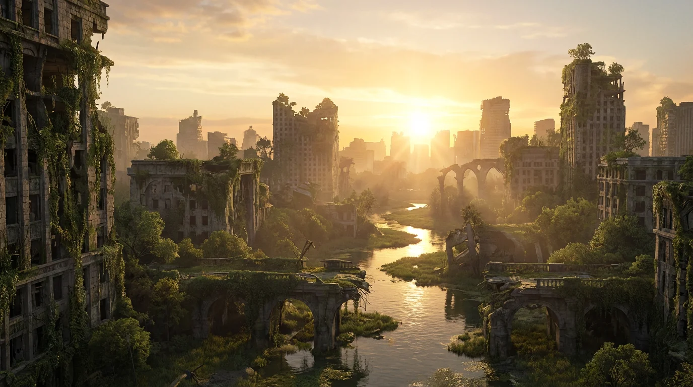 Sunrise over worn city ruins with small plants breaking through.