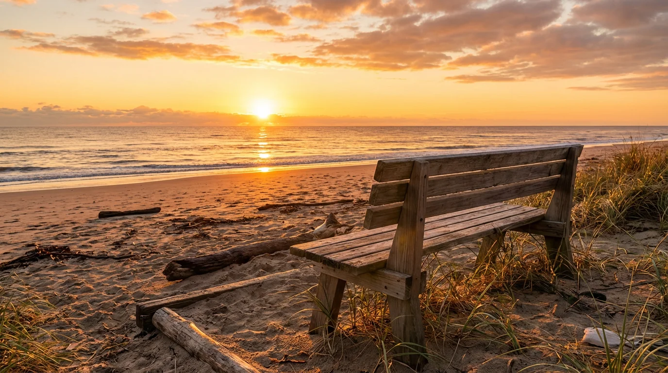 A quiet sunrise over a sandy shoreline with a bench along a path.