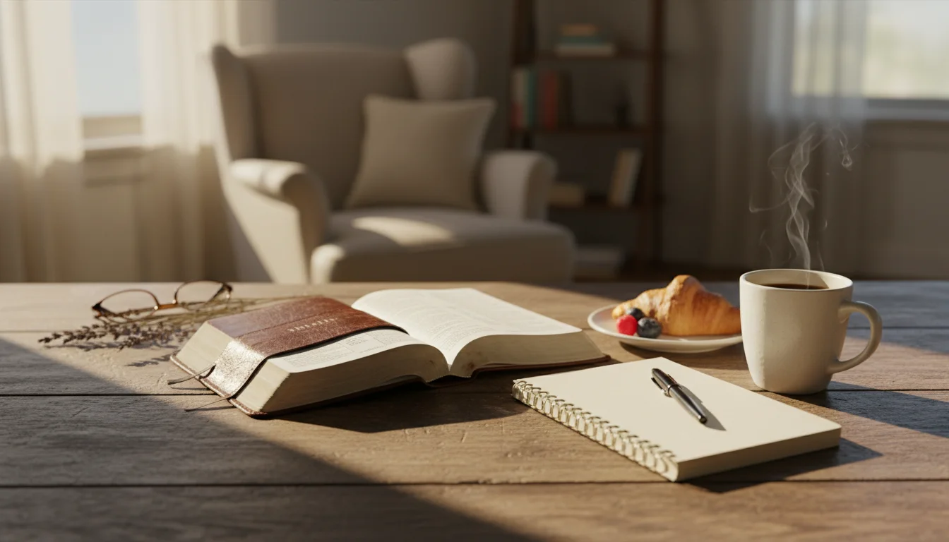 A peaceful morning table with an open Bible, journal, and warm light.