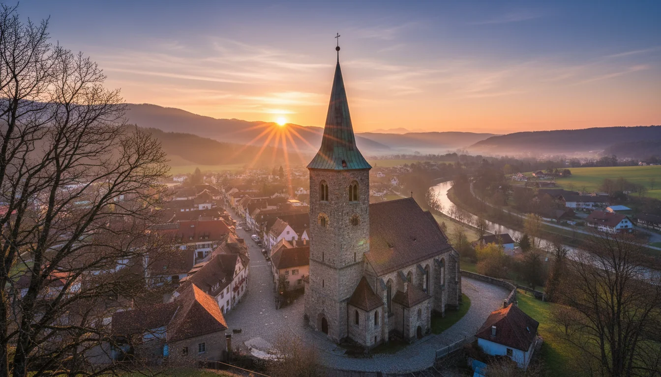 A gentle sunrise over a small town with a church spire, suggesting quiet hope.