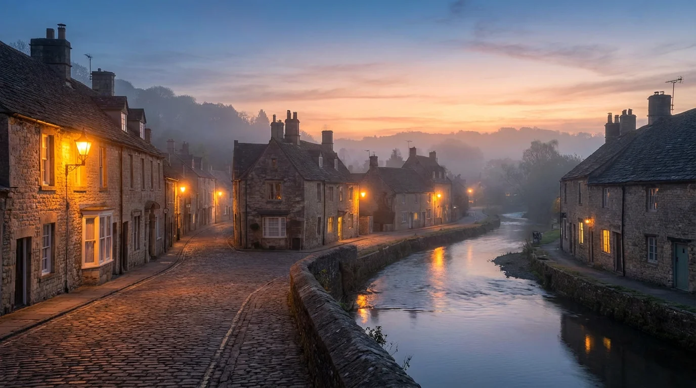 A quiet town at daybreak with warm lamps glowing as dawn begins.
