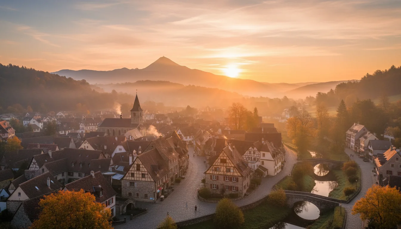 A quiet sunrise over a small town suggests a gentle new beginning.