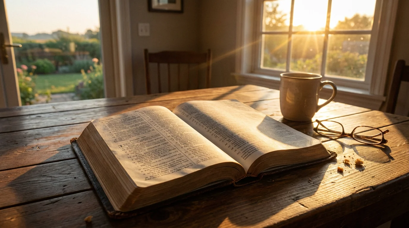 An open Bible on a kitchen table at sunrise, inviting quiet reflection.