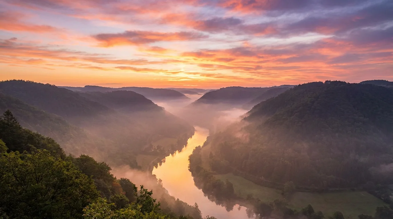 Sunrise over a calm valley with mist and a winding river, suggesting peace after turmoil.