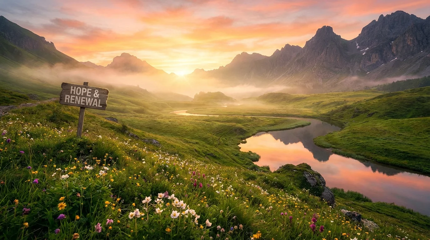 A quiet sunrise over a valley suggesting hope and renewal.