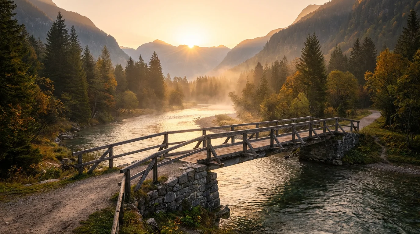 Sunrise over a calm valley with a river and footbridge.