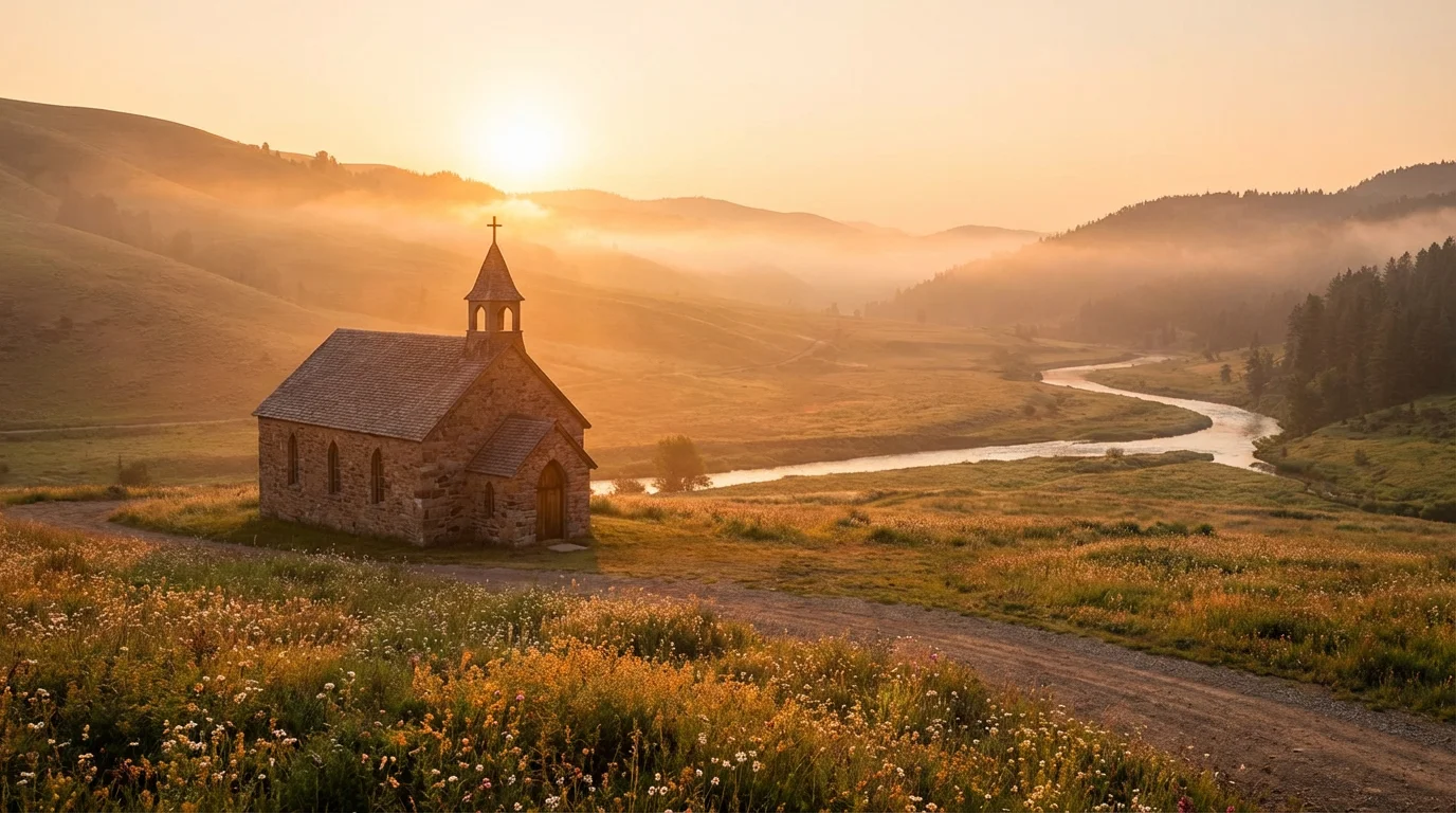 Sunrise over a quiet valley and a small chapel glowing with warm light.