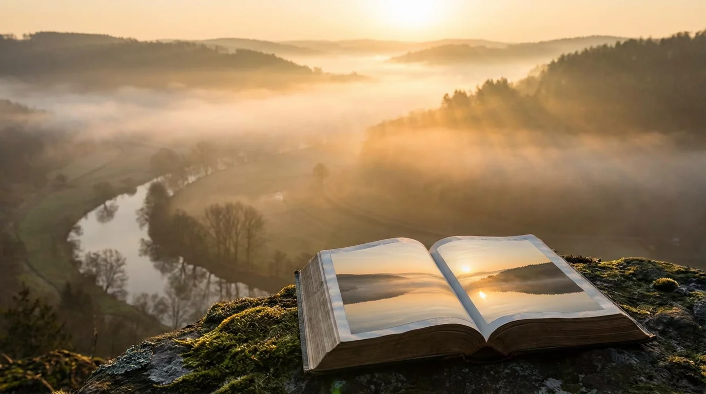 Sunrise light over a misty valley with an open Bible and a quiet, reflective scene.