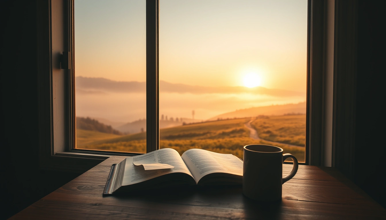 An open Bible by a window at sunrise, suggesting calm and hope.