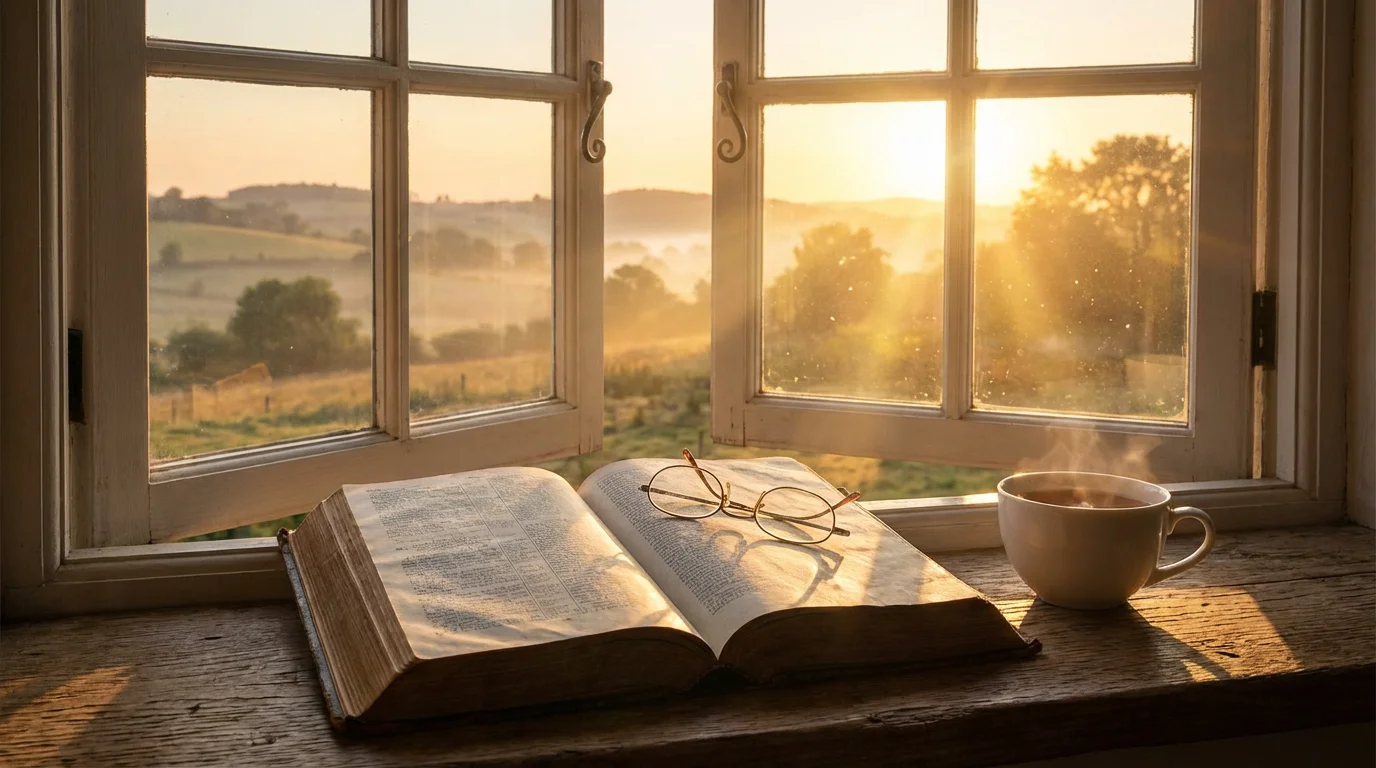 An open Bible by a window at sunrise, suggesting hope after a long night.