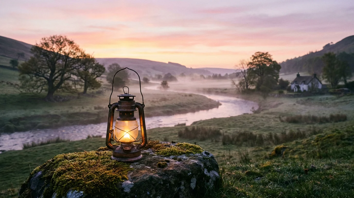 A warm lantern glows at dawn in a quiet valley, suggesting hope.