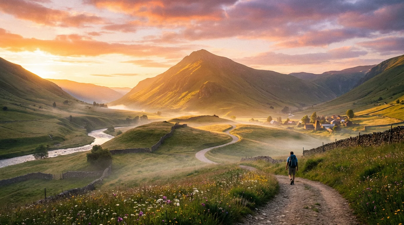 Sunrise over a quiet valley with a winding path suggesting hope.