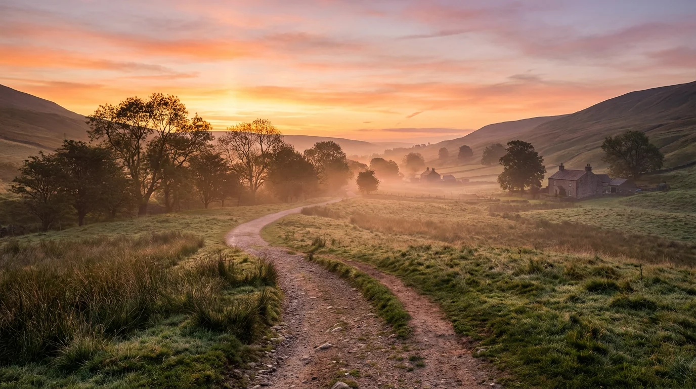 A sunrise gently brightening a quiet valley and footpath.