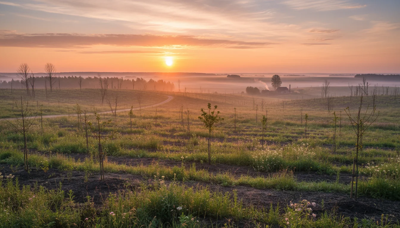 Sunrise over fields beginning to grow again after devastation.