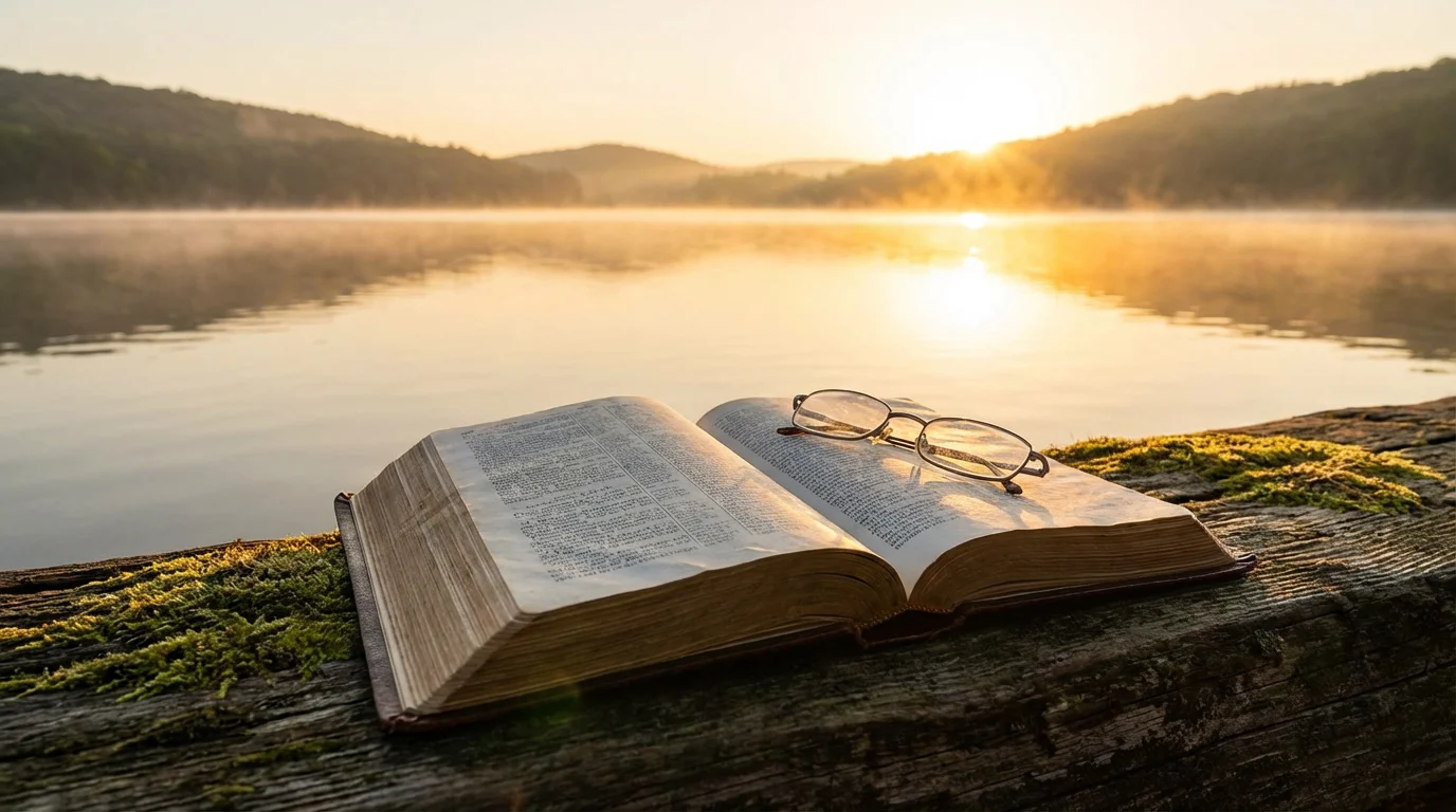 An open Bible by a calm lakeside at sunrise, inviting quiet study.