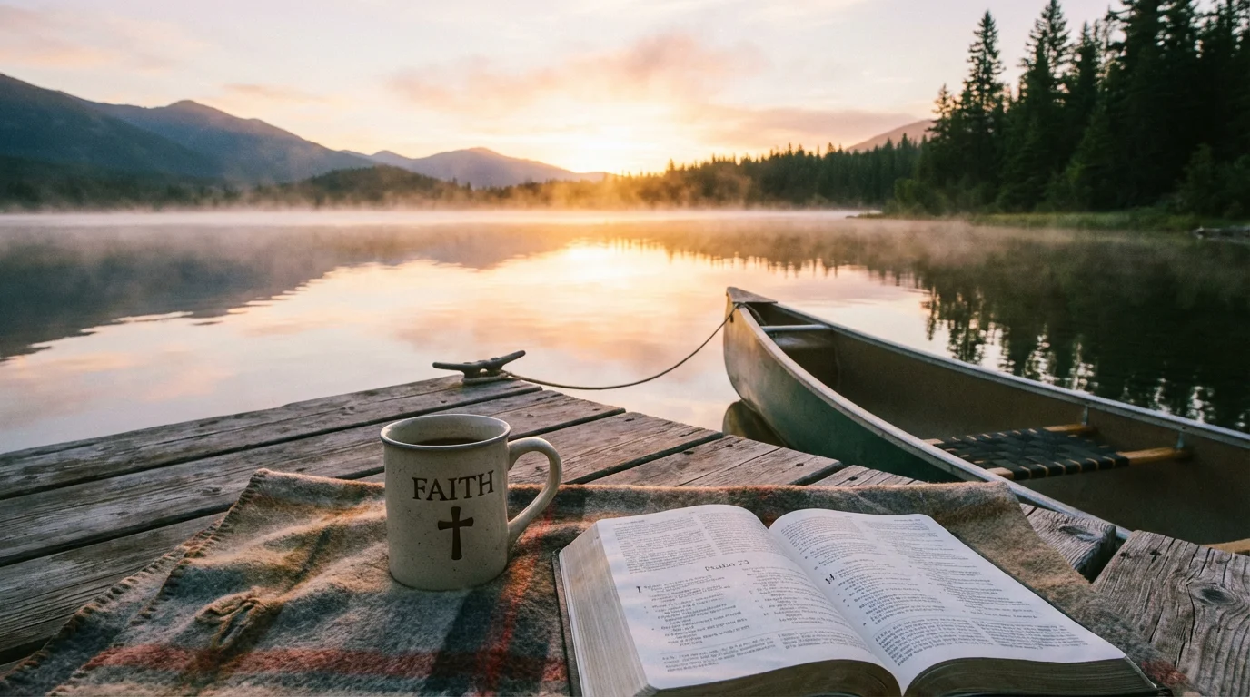A peaceful sunrise by a still lake with an open Bible and a mug on a wooden dock.