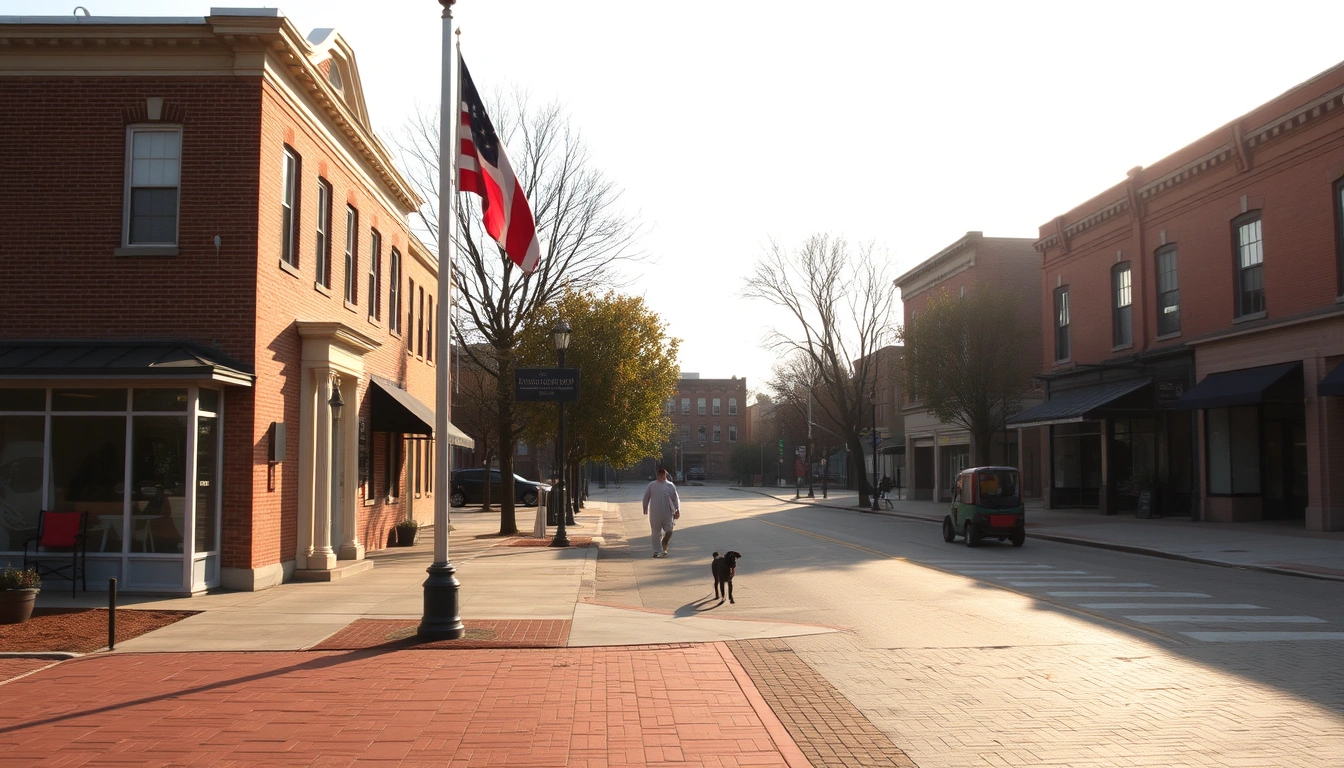 A peaceful small-town square at sunrise with a quiet flag and warm light.