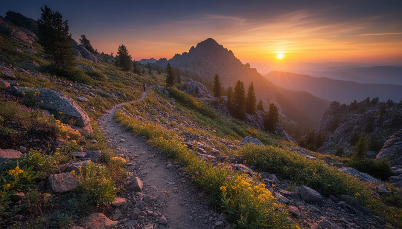 A sunrise warms a winding mountain trail, suggesting steady hope for the journey.