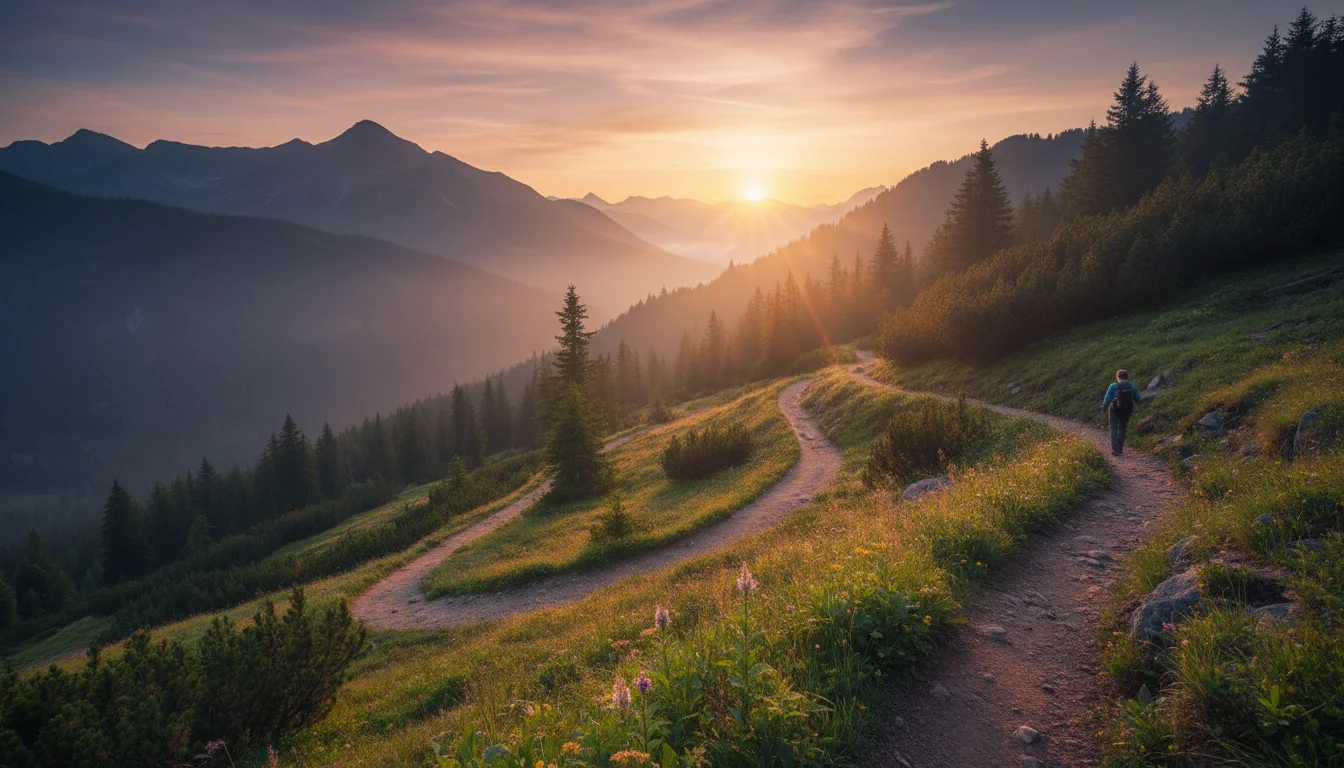 A dawn-lit mountain trail invites a steady climb toward new light.
