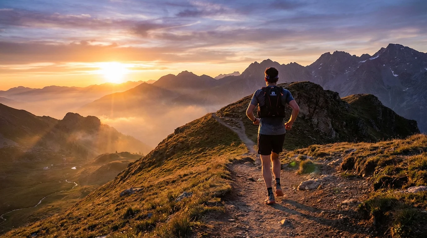 A sunrise over a winding mountain trail with a solitary runner.