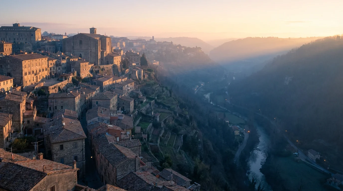 A soft sunrise over a hillside city with a shadowed valley below.