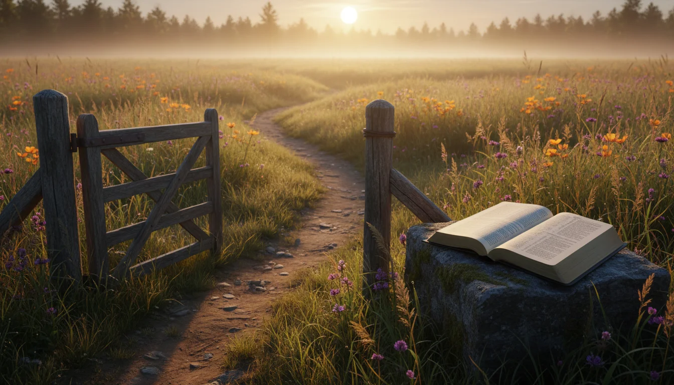 A sunrise path through a meadow with an open gate and a Bible on a stone.