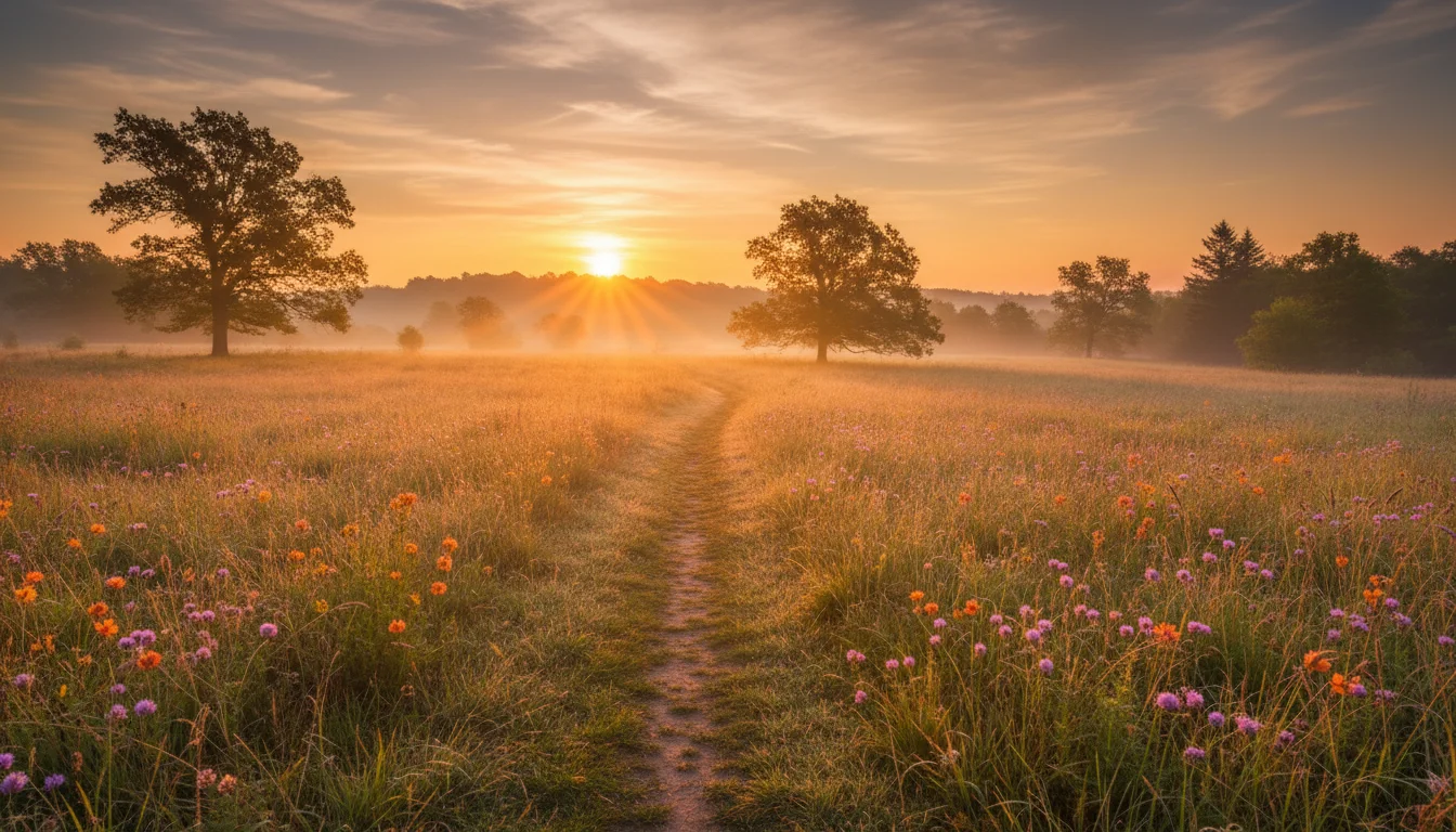 A sunrise over a meadow path suggesting hope and a fresh start.