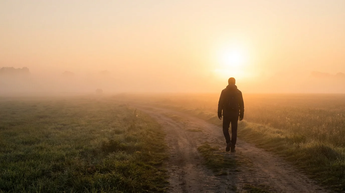 A sunrise path through a misty field with a lone walker choosing the way ahead.
