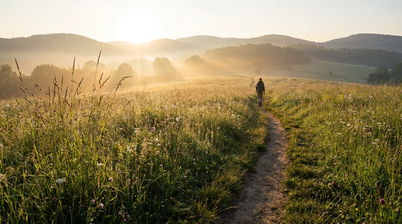 A sunrise over a meadow with a winding path suggesting hopeful direction.