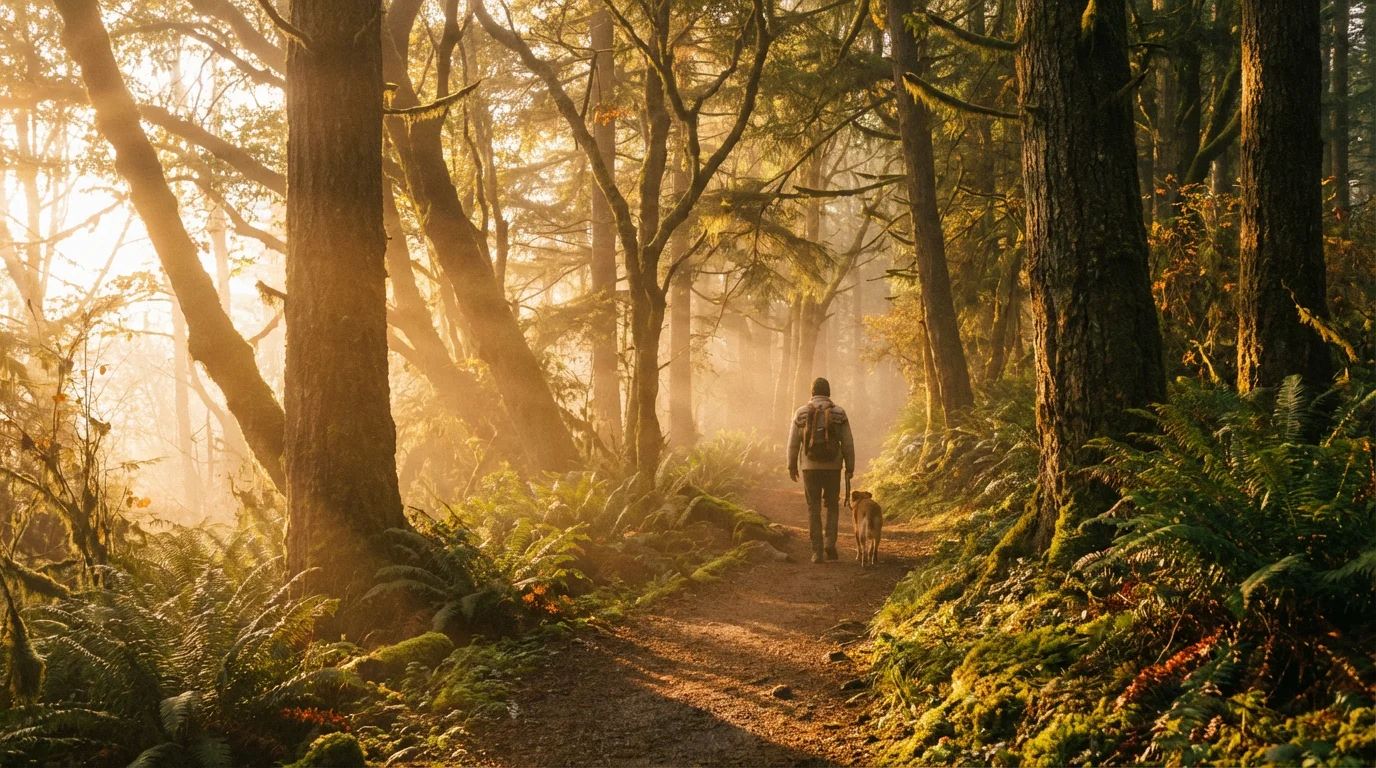 A warmly lit forest path at sunrise inviting a thoughtful walk.