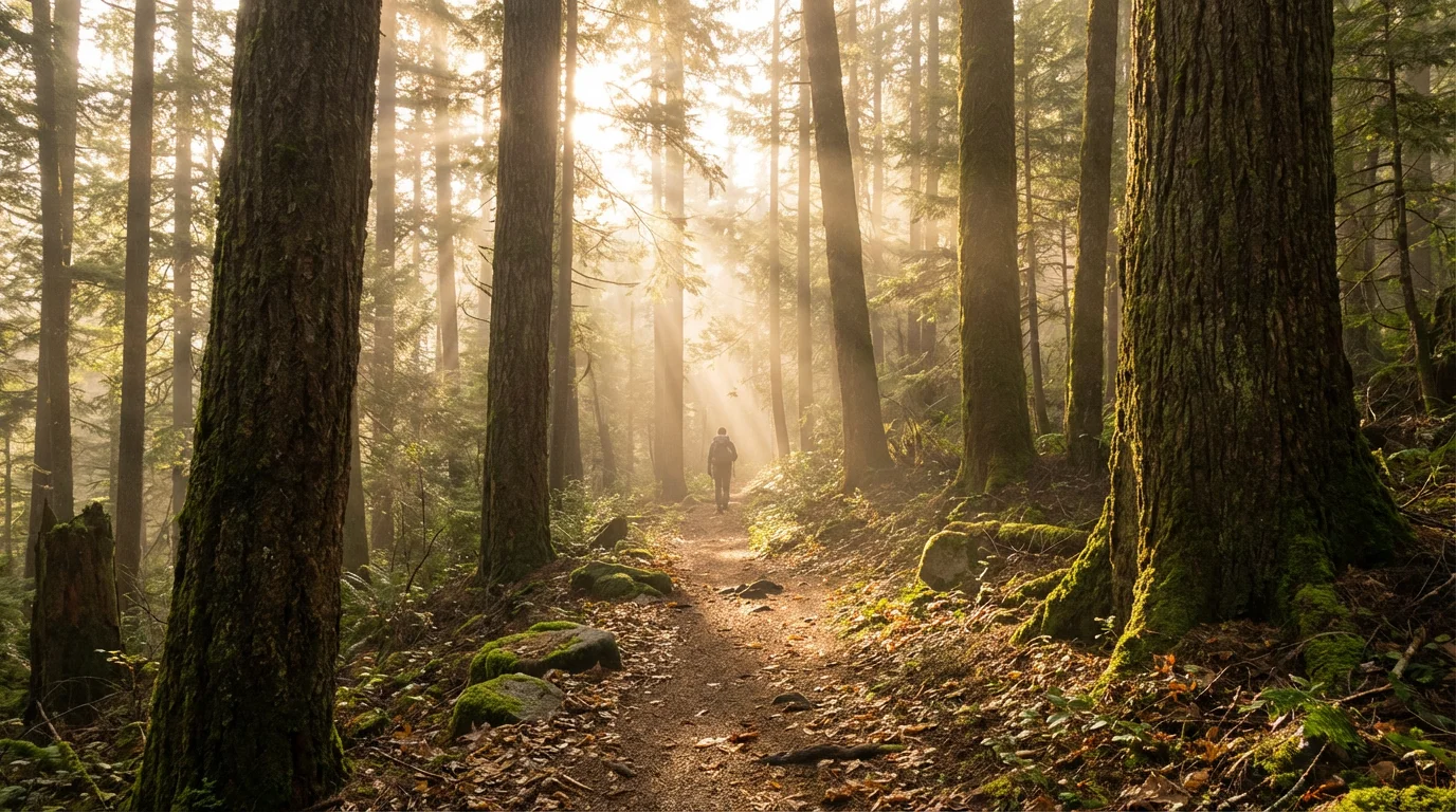 Sunrise light guiding a quiet forest path.