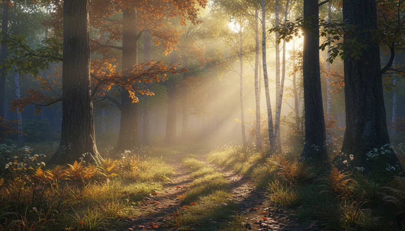 A sunlit forest path at dawn suggesting guidance for the next step.