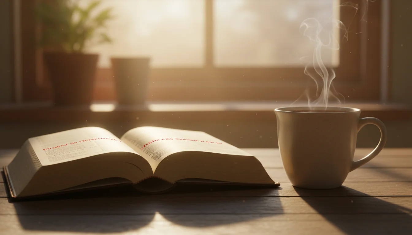 A quiet morning scene with an open Bible and a warm mug ready for prayer.