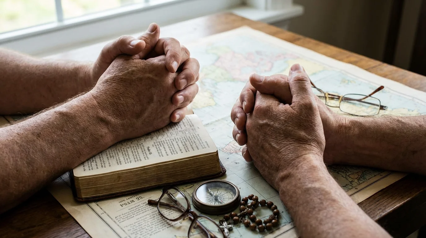 Hands at a kitchen table praying over a world map with a Bible open.
