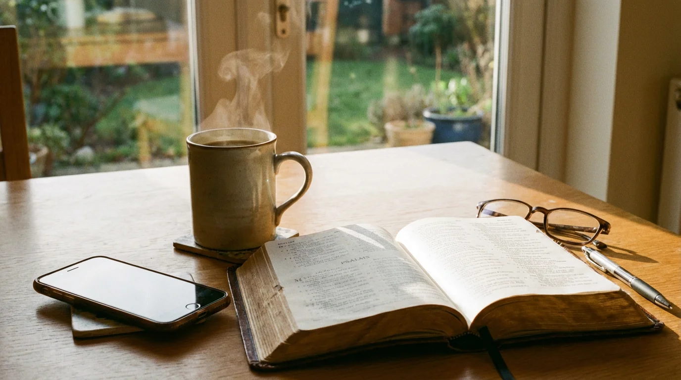 A quiet morning scene with an open Bible, a warm mug, and a phone set aside.