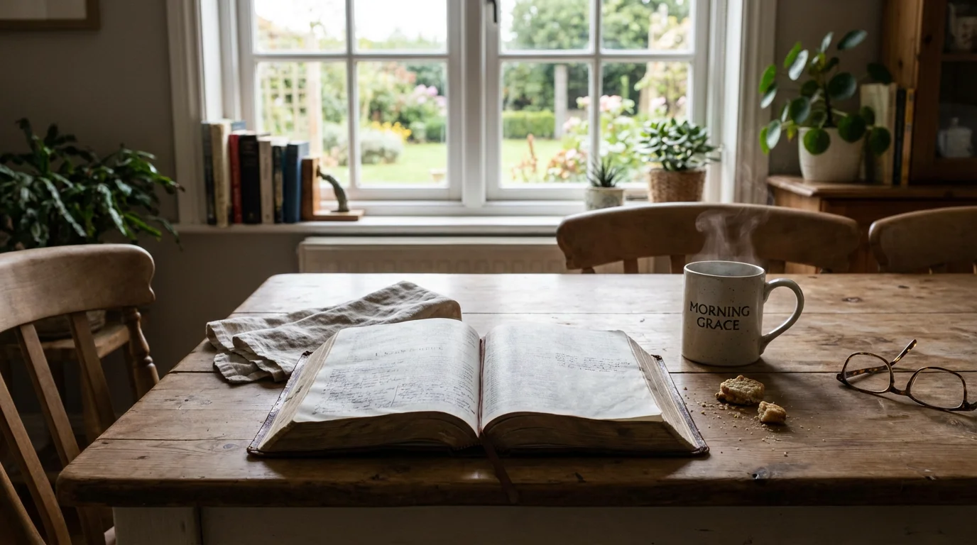 A quiet morning table with an open Bible and a warm mug, inviting prayer.
