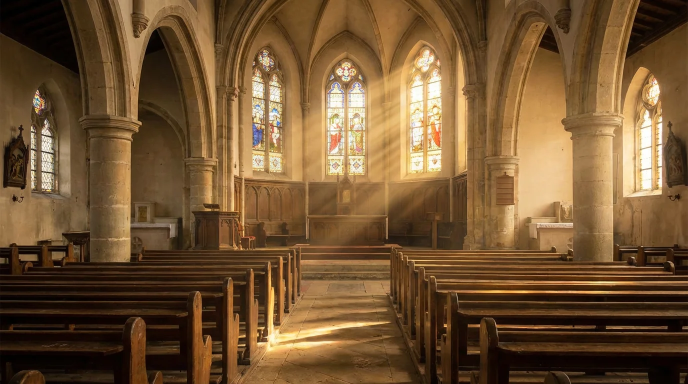 Morning light fills a peaceful, empty church sanctuary.