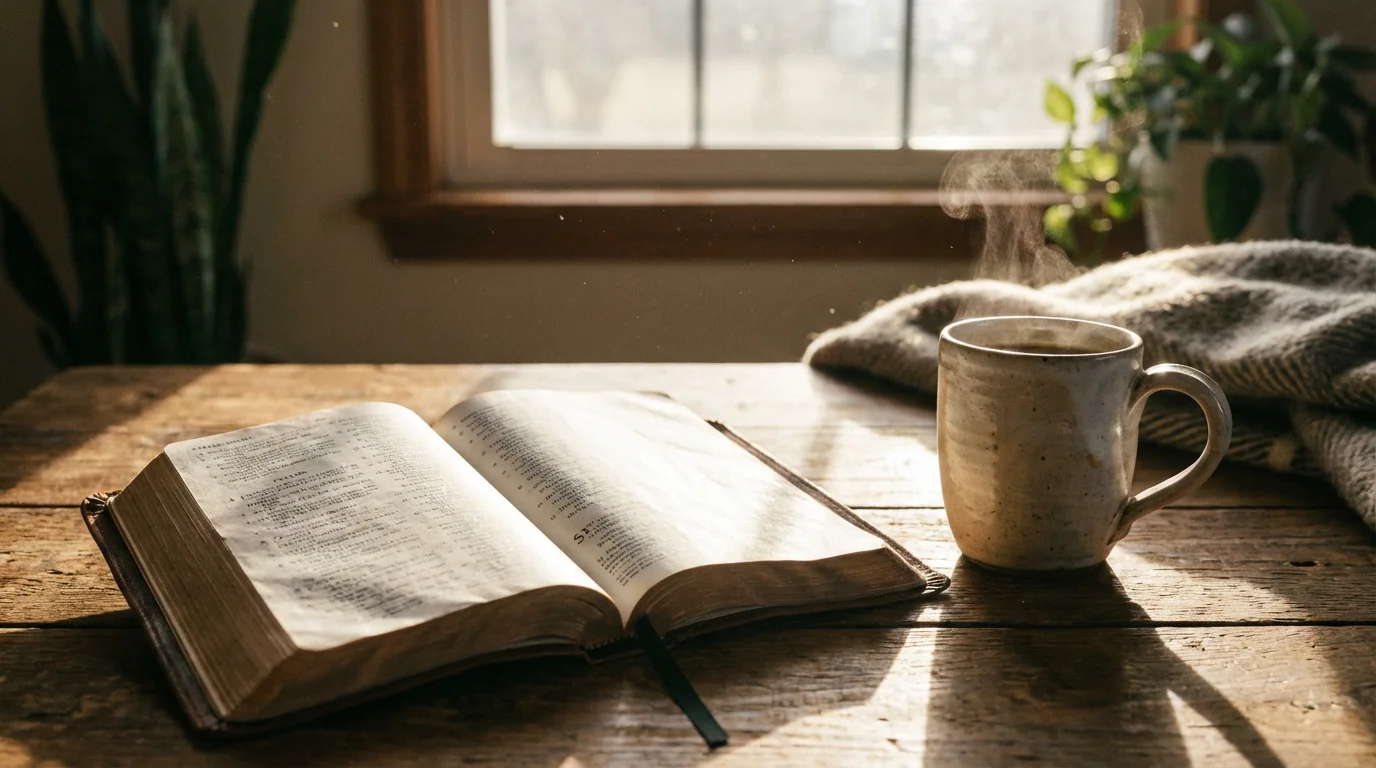 Morning light on an open Bible and a warm mug on a small wooden table.