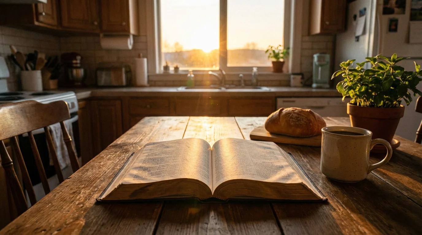 Sunrise light over an open Bible and notebook at a quiet kitchen table.
