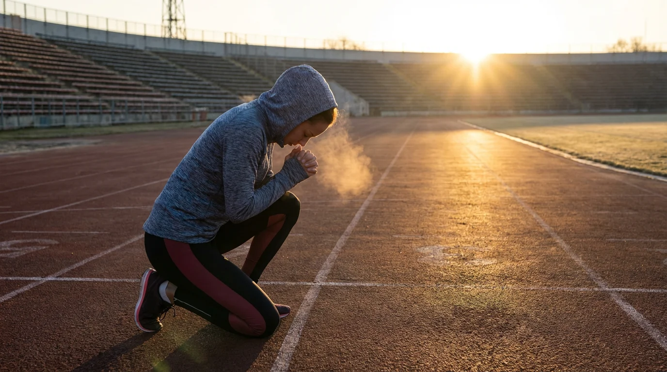 An athlete pauses in prayer at sunrise on a quiet track.