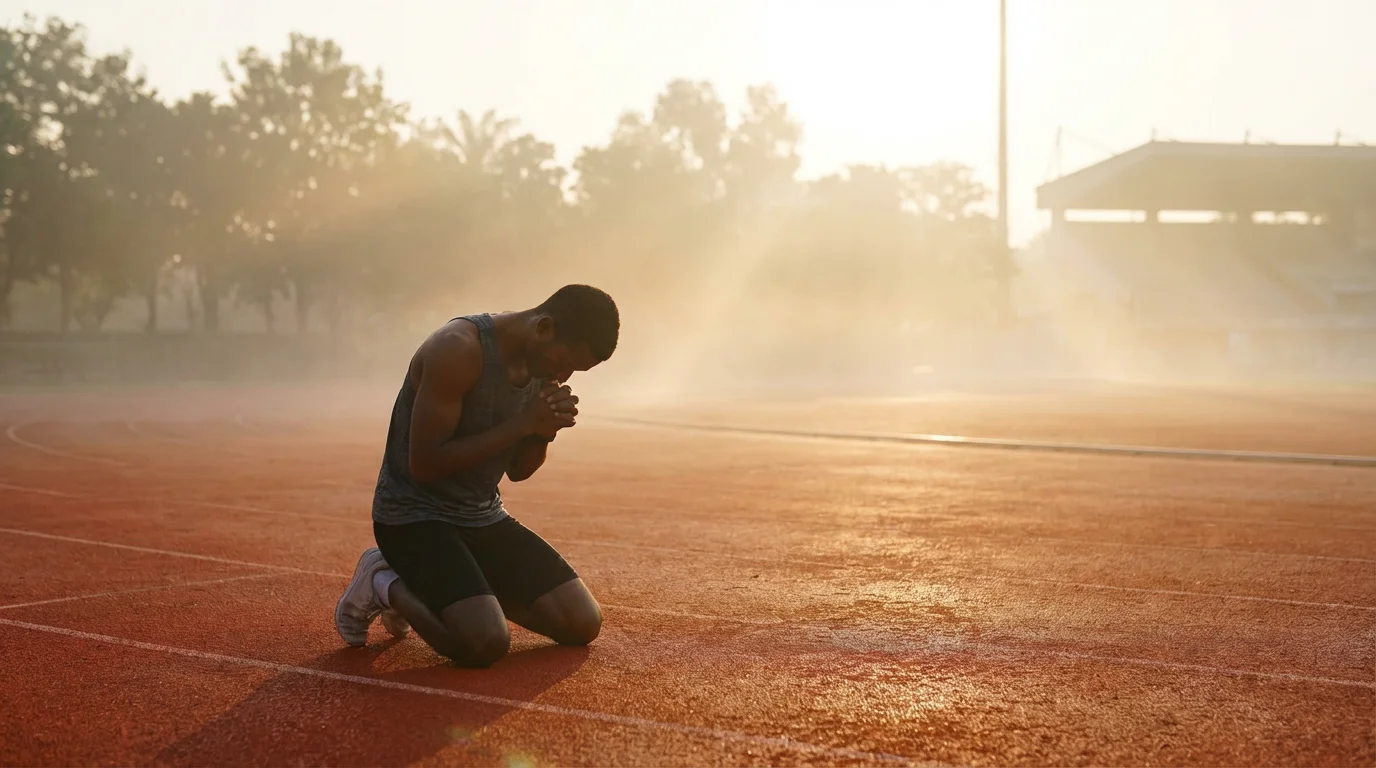 An athlete pauses in quiet prayer on a misty track at sunrise.