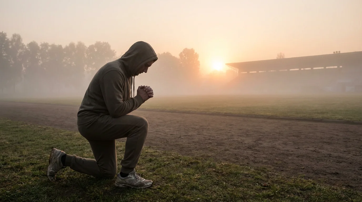 An athlete pauses to pray beside a misty track at sunrise.