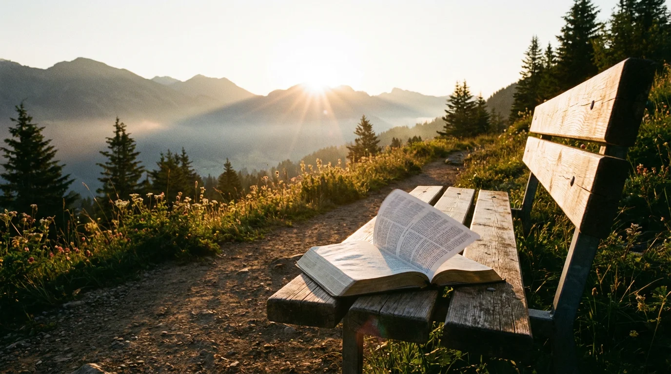 Sunrise over a peaceful trail with an open Bible on a bench.
